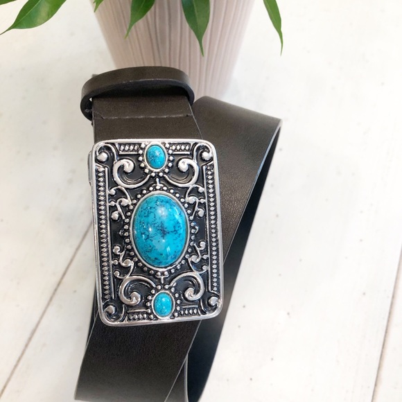 Esprit Accessories - ESPIRIT brown belt with silver plate & blue stones Esprit Accessories - ESPIRIT brown belt with silver plate & blue stones